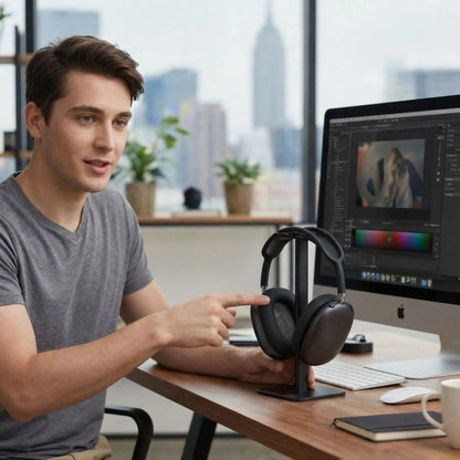 Support d'écouteur noir sur bureau avec jeune homme -Mon-Univers-Tecno