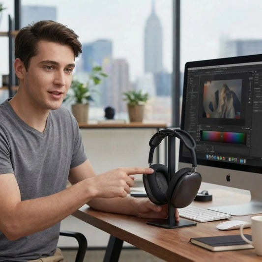 Support d'écouteur noir sur bureau avec jeune homme -Mon-Univers-Tecno