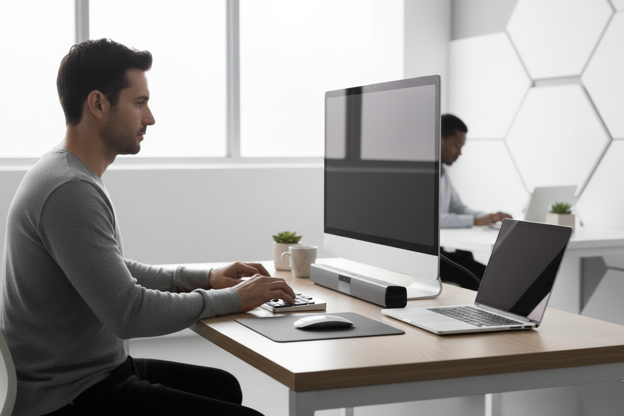 Barre de son PC au bureau avec homme au travail