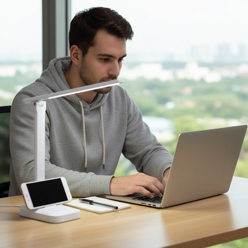 Lampe de bureau base stablebureau homme au travail 