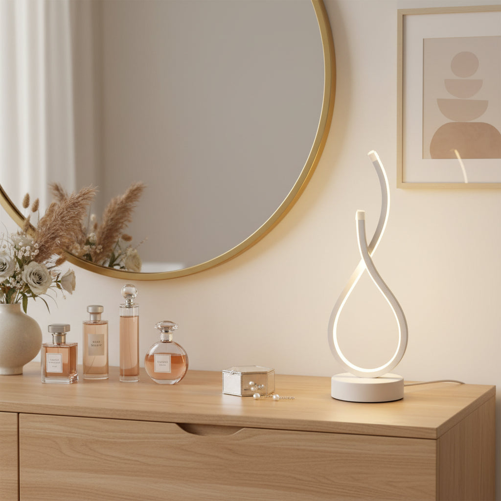 Lampe de bureau compacte sclupturale sur bureau parfumerie 