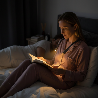 Lampe de lecture au lit couple chambre obscurité partenaire endormi lecture nocturne