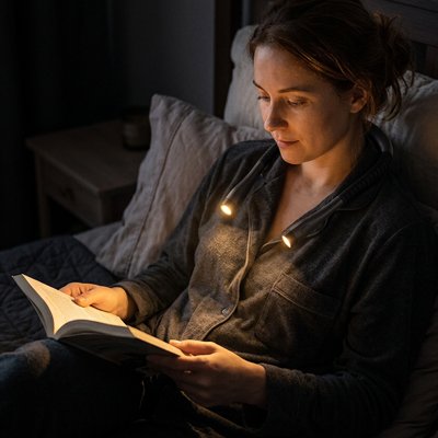 Lampe de lecture dans le cou d'une femme assise au lit qui fait la lecture