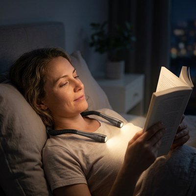 Lampe de lecture dans le cou d'une femme au lit allongée