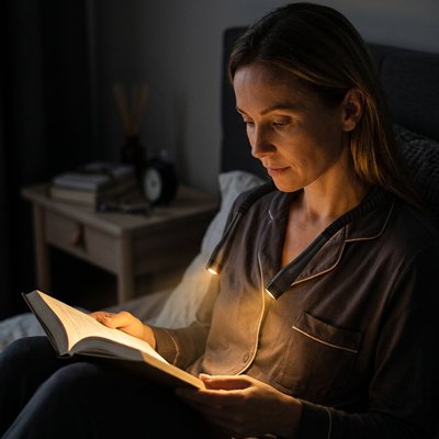Lampe de lecture dans le cou d'une femme assise au lit.