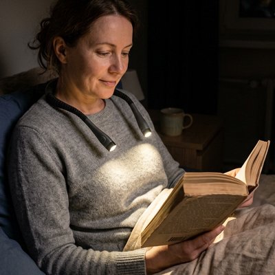 Lampe de lecture dasn le cou d'une femme assise au salon faisant la lecture
