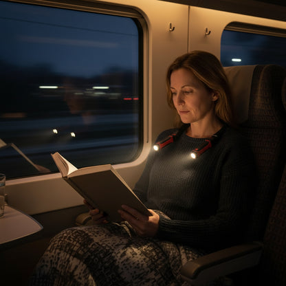 Lampe de lecture nomade voyage train avion hôtel rechargeable USB, femme dans un train