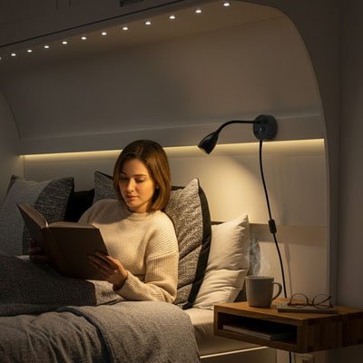 Lampe de lecture noir fixé au mur au dessus du lit avec femme qui fait la lecture - Mon Univers Tecno