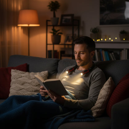 Lampe de lecture LED ajustable mains libres portée autour du cou lecture au lit par un homme - Mon Univers Tecno