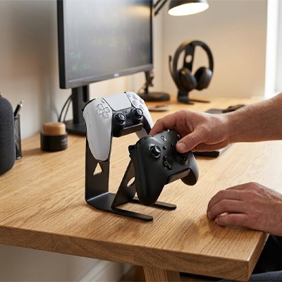 Porte manette​ sur bureau avec 2 manette blanche et noir  vue avant