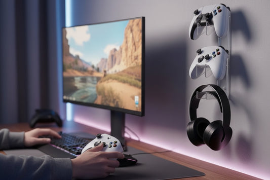 Porte manette​ vertical 3 places fixé au mur avec manette et écouteur - Mon Univers Tecno