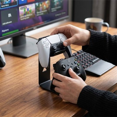 Porte manette​ double sur bureau avec manette blanche et noir avec 2 ma - Mon Univers Tecno