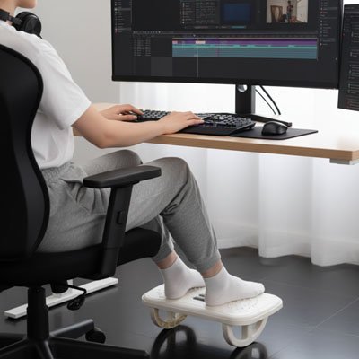Repose pieds blanc sous le bureau avec pied en bas blanc femme au travail - Mon Univers Tecno