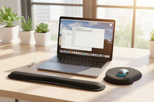 Repose poignet clavier et souris sur table de travail avec portable dans une pièce inondé de soleil - Mon Univers Tecno