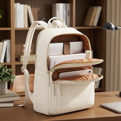 Sac a dos ordinateur femme beige rembourrer ouvert 