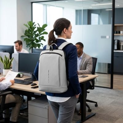 Sac a dos ordinateur portable gris clair ajustable femme au bureau