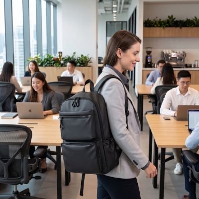 Sac a dos ordinateur portable noir sur épaule femme au café tissu imperméable
