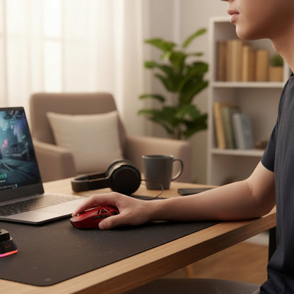 Souris bluetooth rouge sur tapis de souris