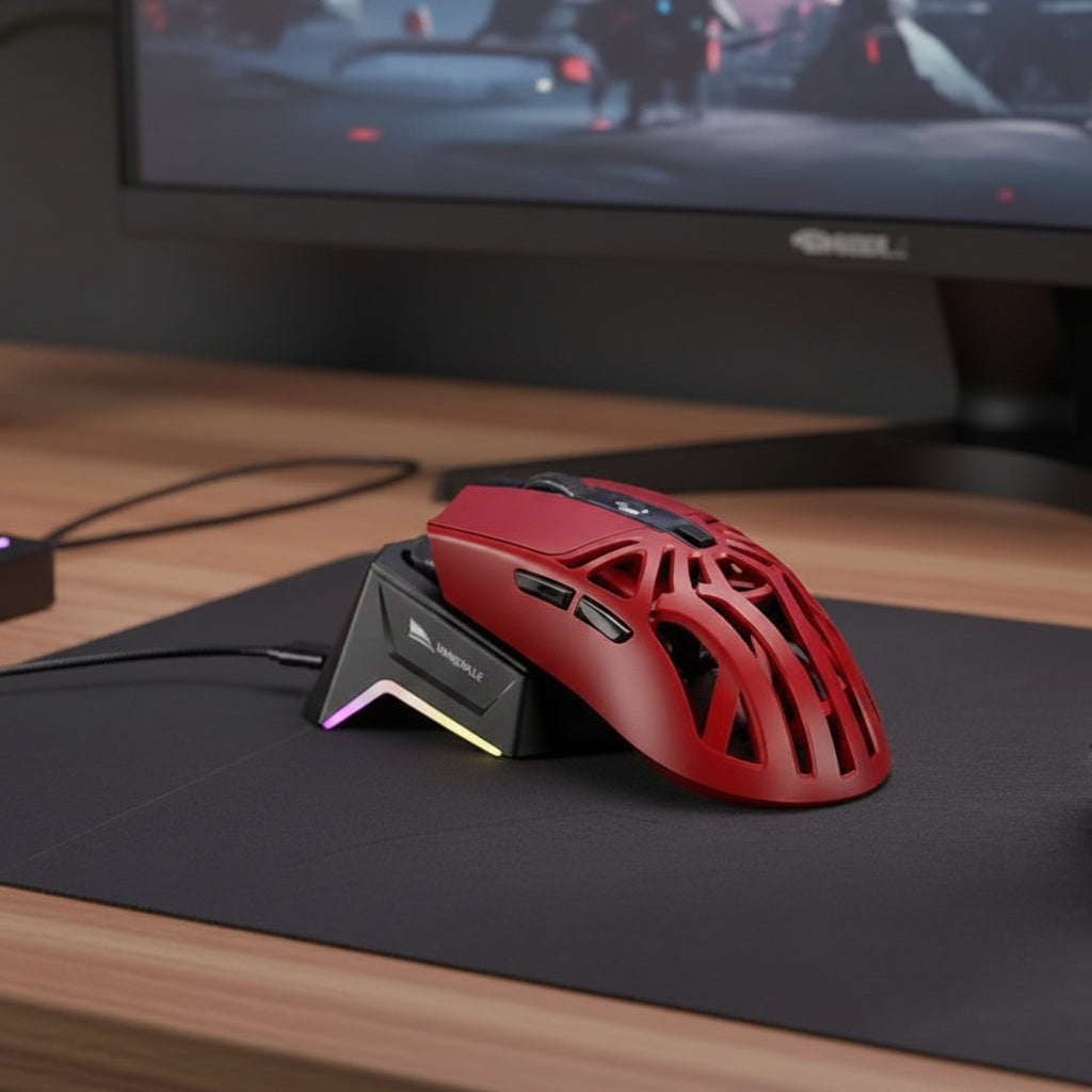 Souris bluetooth rouge sur chargeur sur bureau- Mon Univers Tecno