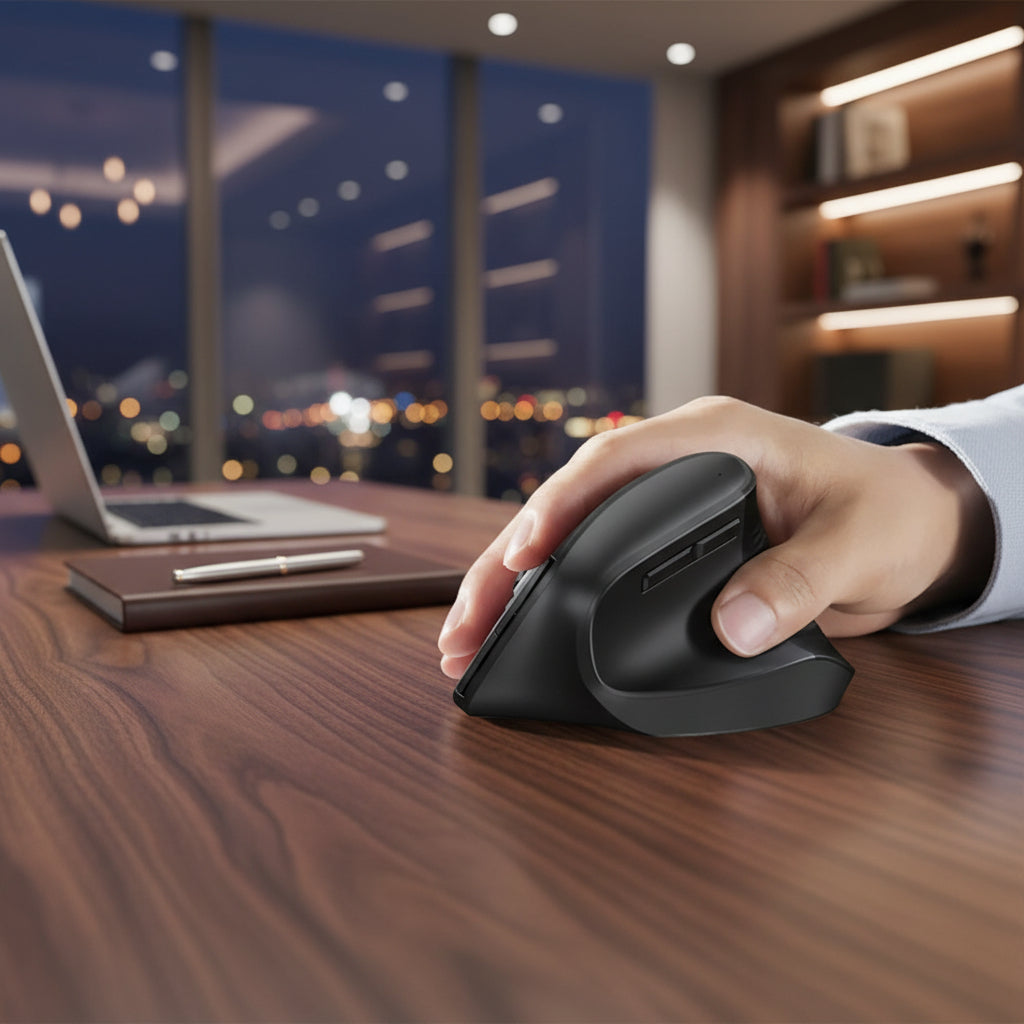 Souris ergonomique longue durée en main sur bureau 