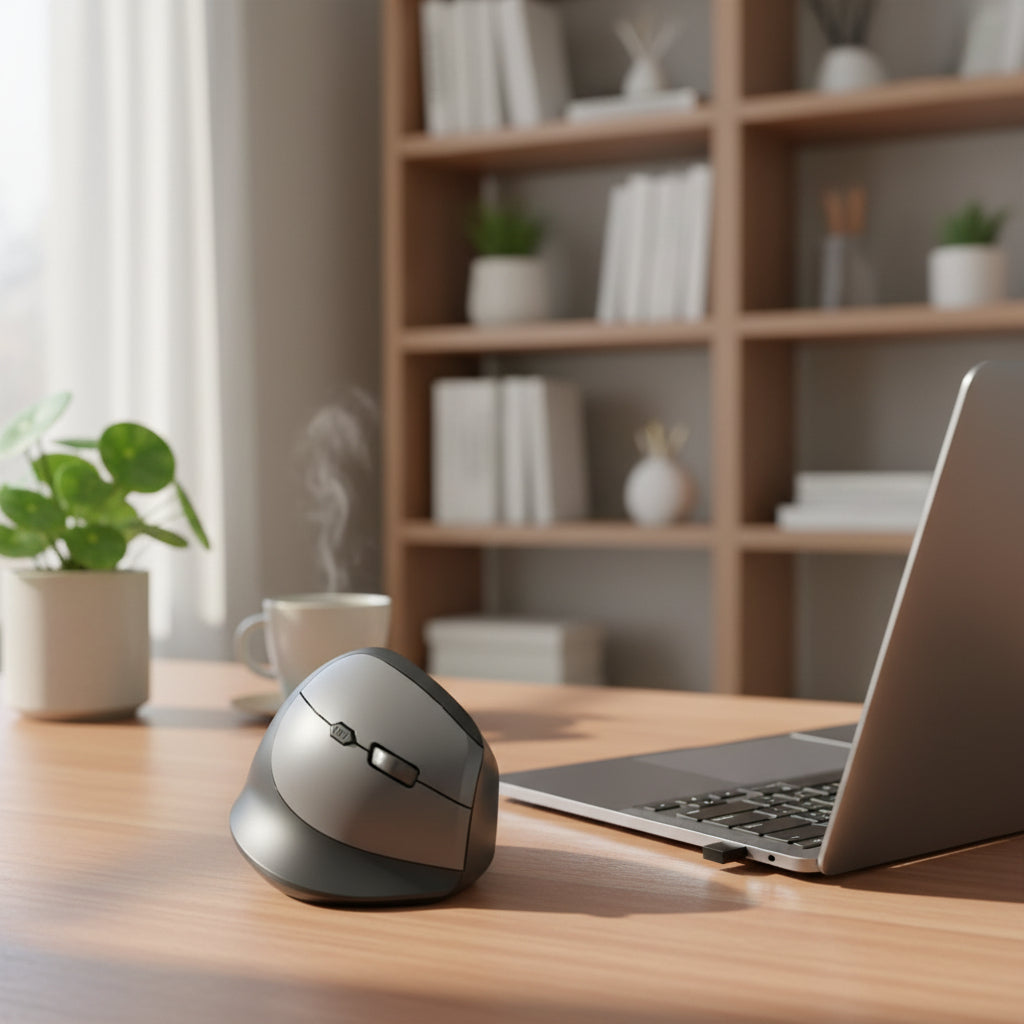 Souris ergonomique vue de coté sur bureau 