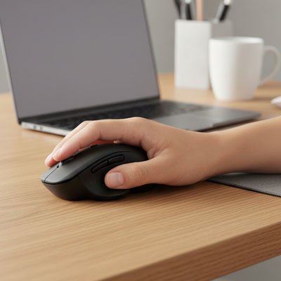 Souris ergonomique  sur bureau avec main - Mon Univers Tecno