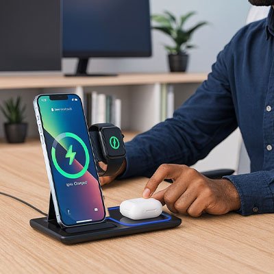 Station de charge en démonstration dans les mains d'un homme