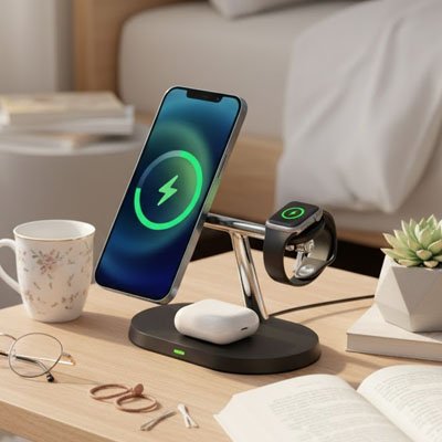 Station de charge sur bureau avec cellulaire et montre Watch en charge - Mon Univers Tecno