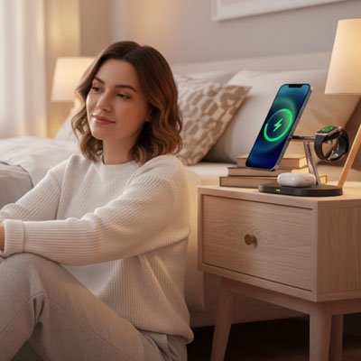 Station de charge sur table de chevet avec femme assise par terre vue de gauche