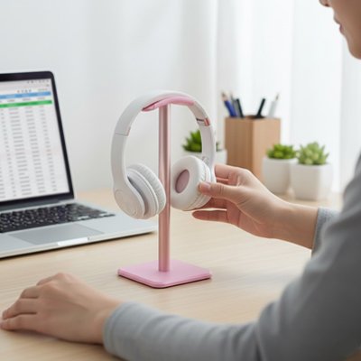 Support casque rose sur bureau avec écouteur blanc 