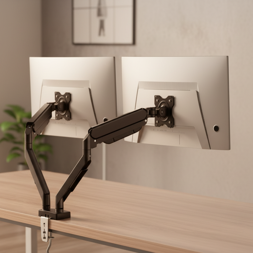 Support double écran double moniteur bureau minimaliste vue de dos