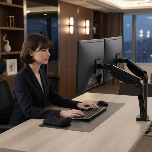 Support double écran ergonomique bras articulé bureau organisation femme avocate au bureau - Mon Univers Tecno