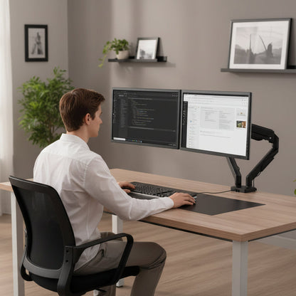Support double écran réglable hauteur rotation 360 degrés bureau ergonomique, homme au travail