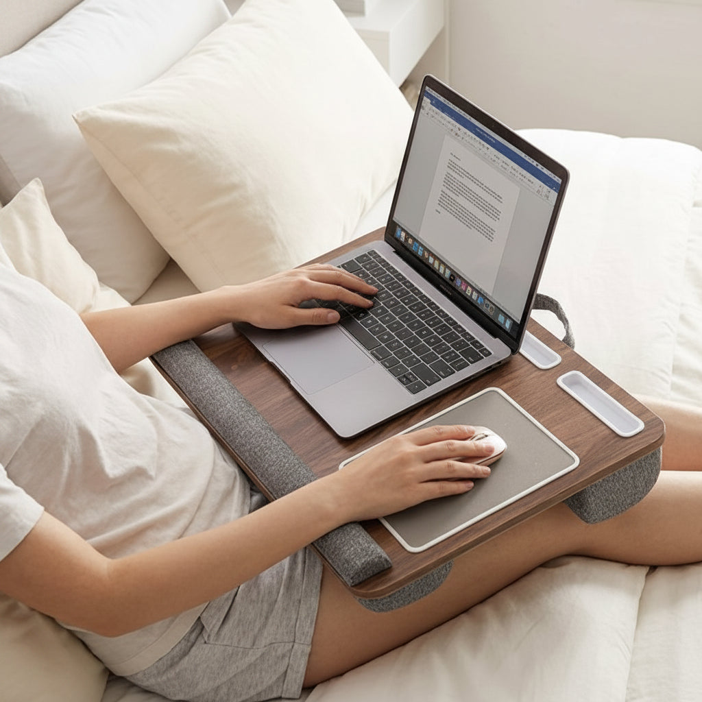 Support ordinateur portable  bois utilisation au lit coussin rembourré