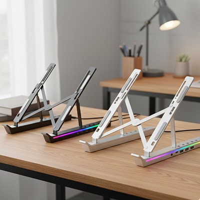 Support ordinateur portable 2 modèles blanc et noir sur un bureau avec lumière del sur le côté - Mon Univers Tecno