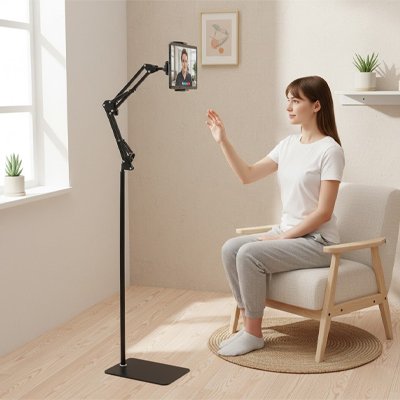 Support pour tablette multi appareil discussion femme assise au salon