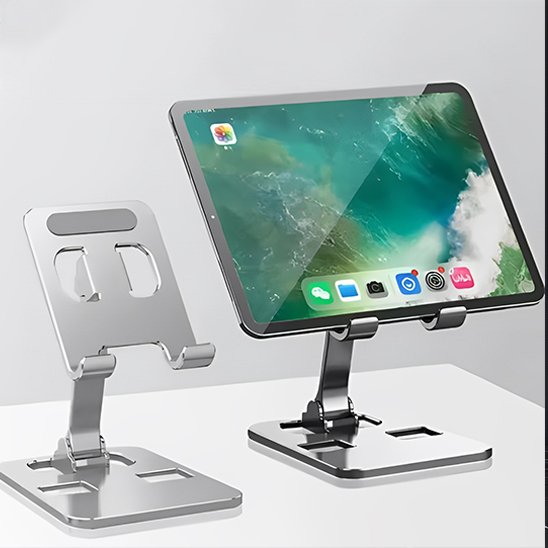 Support pour tablette aluminium base antidérapante seul et avec tablette vue de côté

