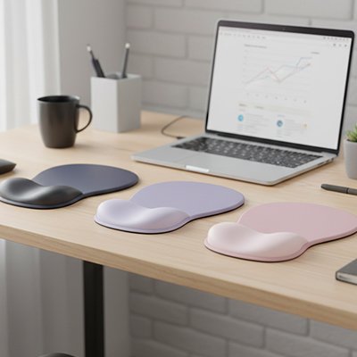 Tapis de souris ergonomique 3 modèles , noir, rose et mauve sur bureau de travail- Mon Univers Tecno